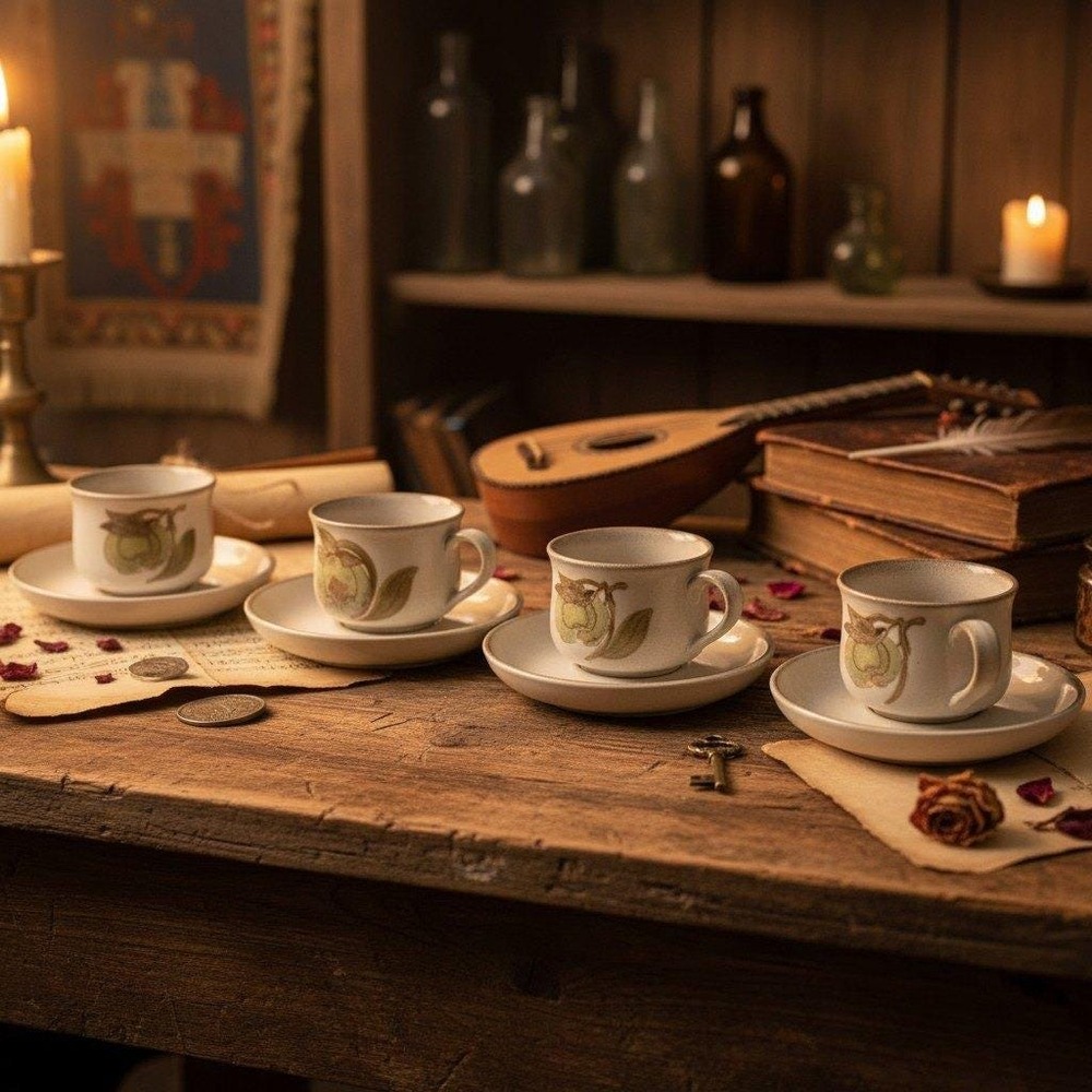 Denby Troubadour Teacups & Saucers, Set of‎ 4, Vintage England Stoneware Service